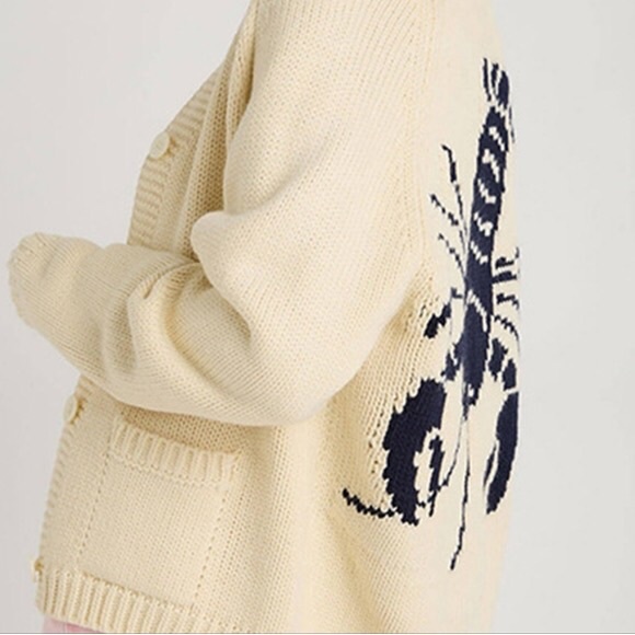 Coastal Fashion Knit Octopus Graphic Contrast Piping Button Up Loose Cardigan